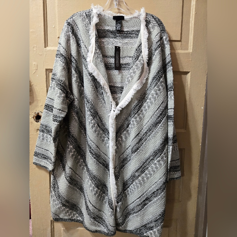 Catherine's Black Label Tweed Fringe Frog Closure Cardigan NWT Size: 3X